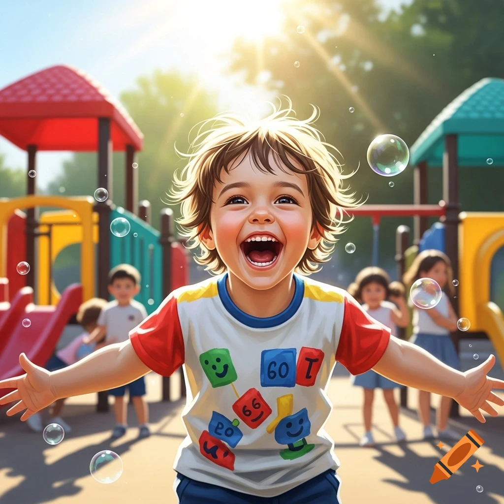 A happy child with a wide smile, arms outstretched, plays in a sunny outdoor playground with bubbles floating around.