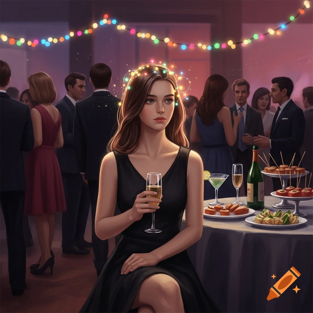 A woman in a black dress holding a champagne glass sits alone at a party with string lights, while people socialize in the background.