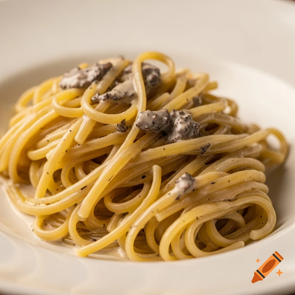 Close-up of photorealistic linguine pasta with creamy truffle sauce in a white bowl.