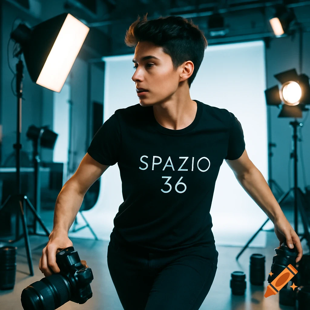 A young photo assistant with dark hair wears a black t-shirt with "SPAZIO 36" written on it, holding a camera and lens in a photography studio with lights.