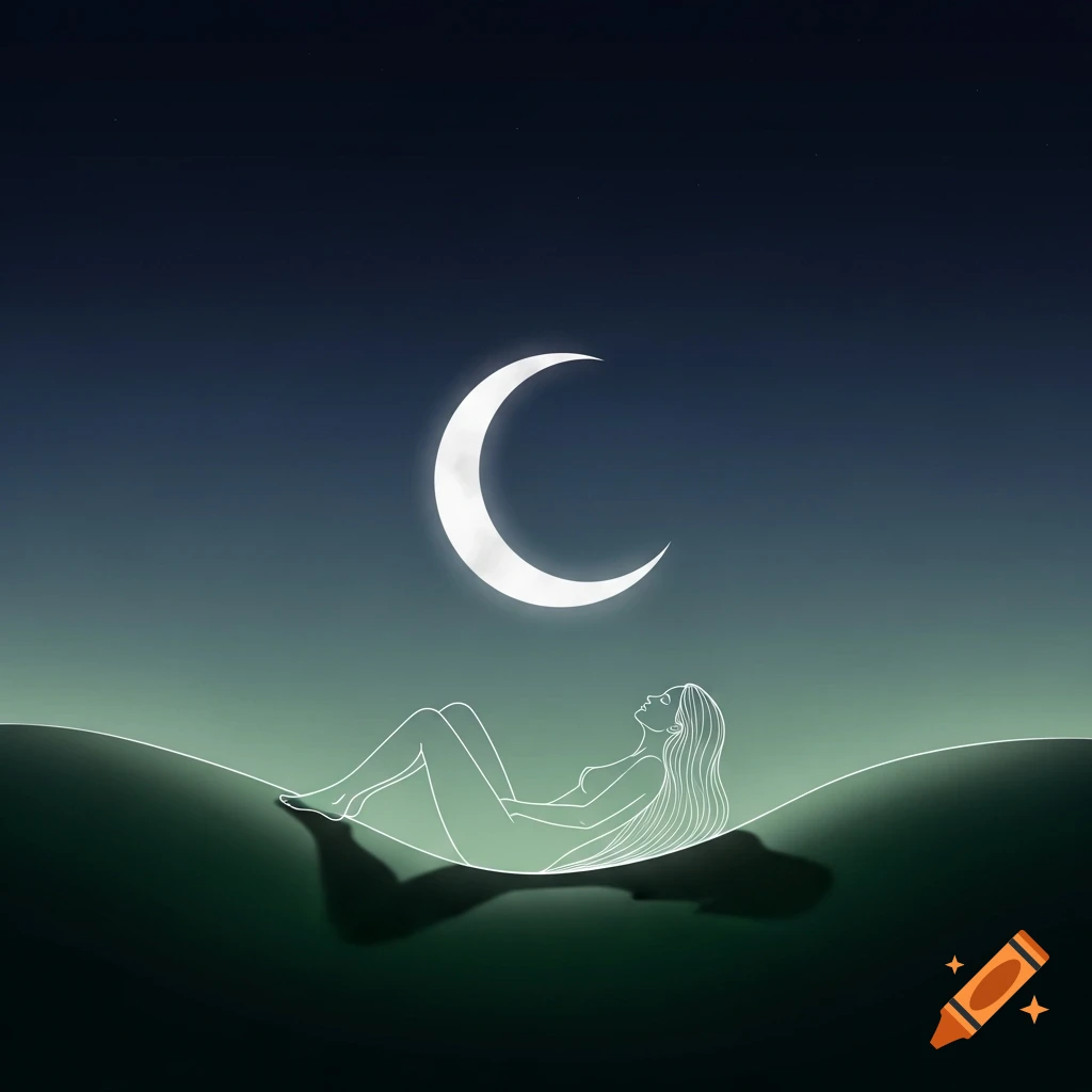 Minimalist line art illustration of a woman relaxing under a crescent moon in a dark blue and green night sky.