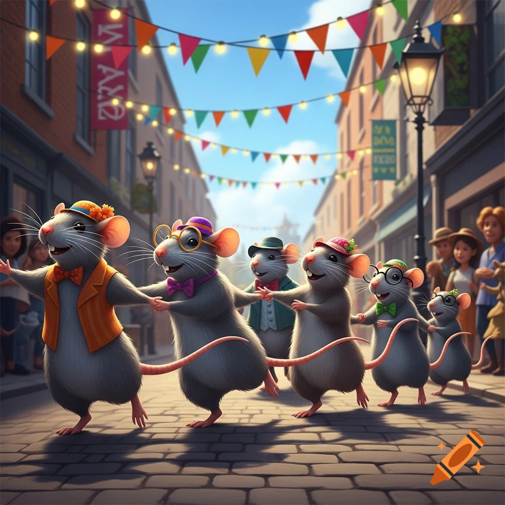 A conga line of anthropomorphic rats in colorful hats and vests dance down a festive cobblestone street with banners.