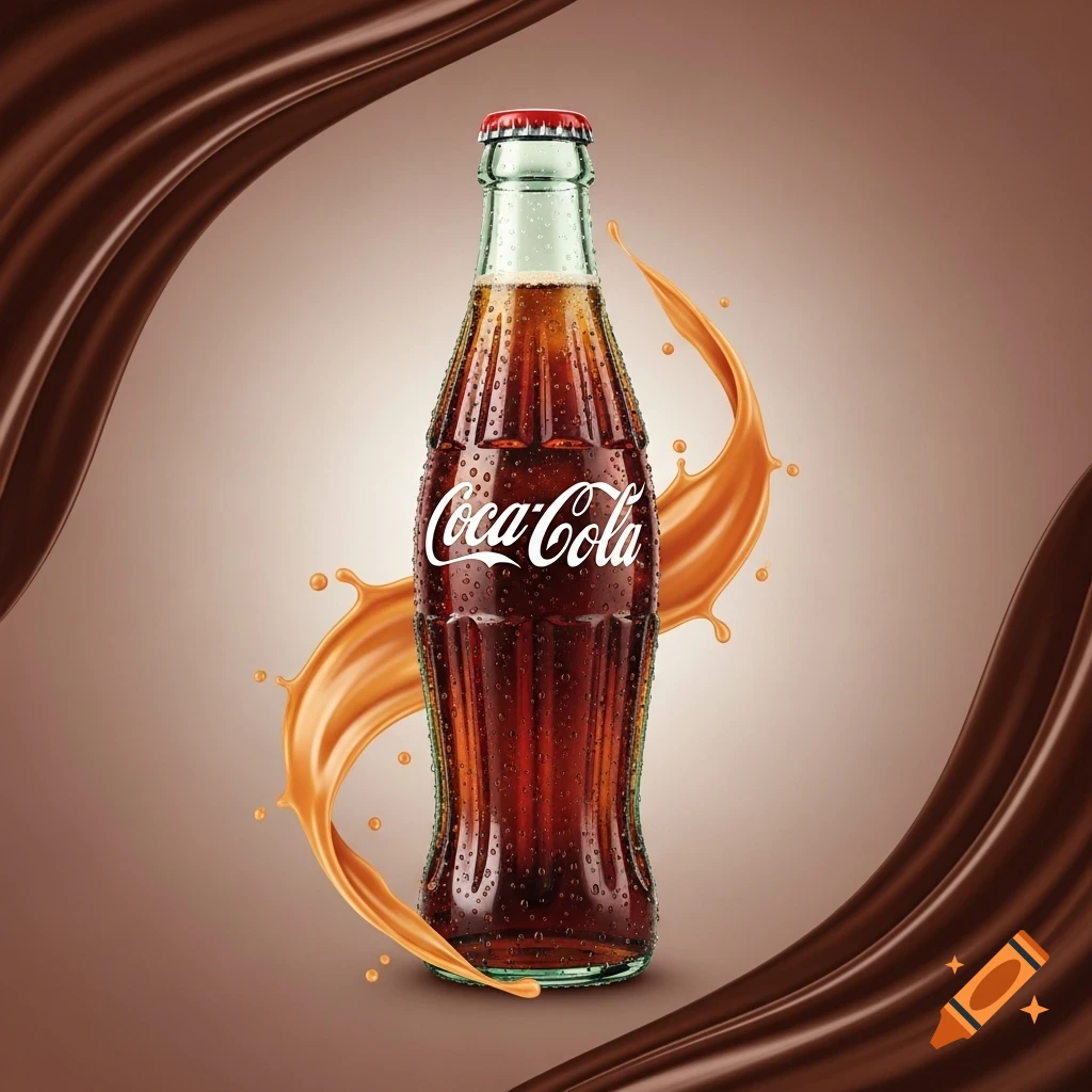 A photorealistic Coca-Cola bottle covered in condensation, surrounded by swirling chocolate and caramel splashes on a brown background.