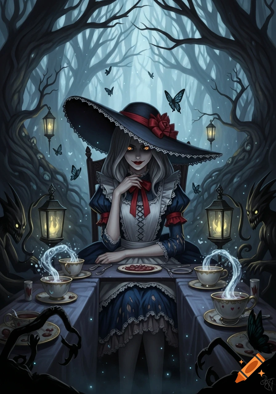 An evil Alice in Wonderland with glowing eyes sits at a spooky tea party in a dark forest, surrounded by shadowy creatures, in a gothic fantasy art style.