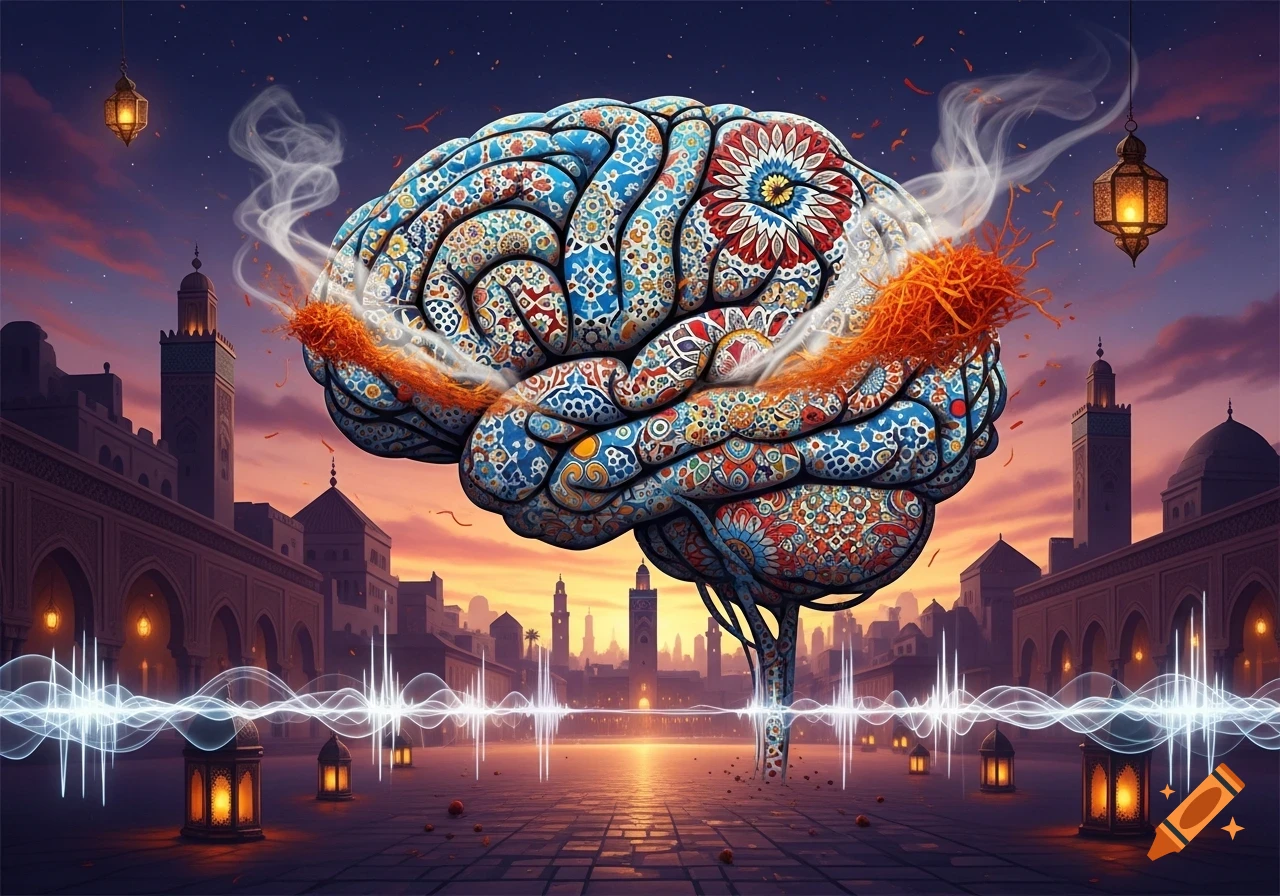 A large, colorful brain adorned with Moroccan patterns floats above a Moroccan city at sunset, emitting smoke and glowing energy waves.