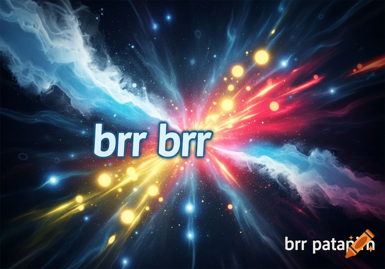 A vibrant abstract cosmic explosion with swirling blue, red, and yellow light against a dark starry background, featuring the text "brr brr" and "brr patapim".