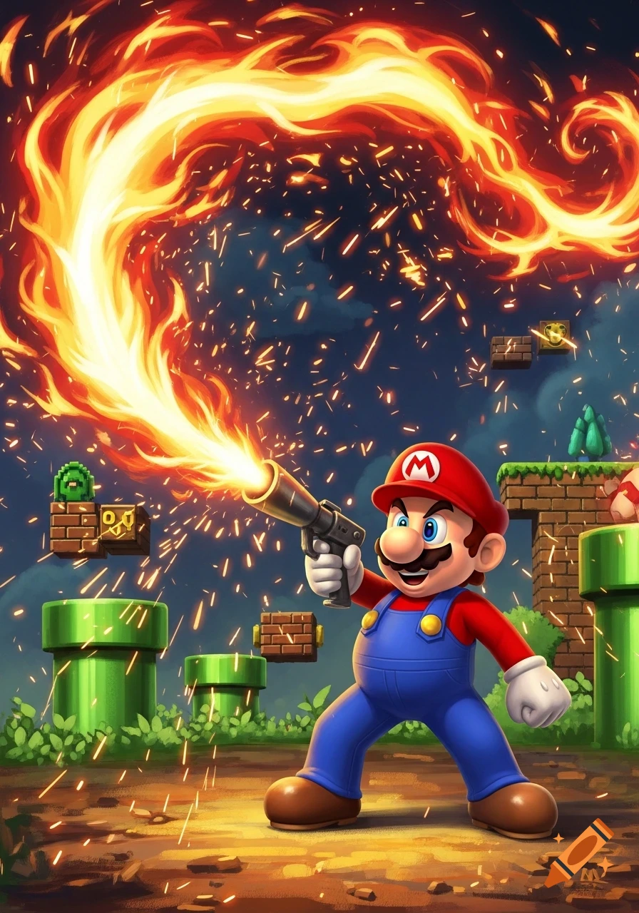Mario holds a flamethrower, shooting a large stream of fire in a colorful, illustrated Super Mario Bros. level with pipes and blocks.