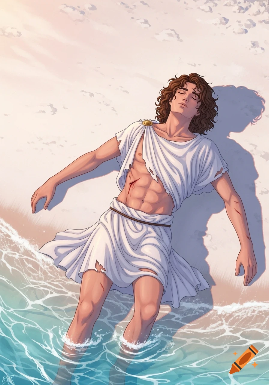 An illustration of an injured young man with curly hair, wearing a torn white tunic, lying on a white sandy beach with his feet in the ocean water at sunset.