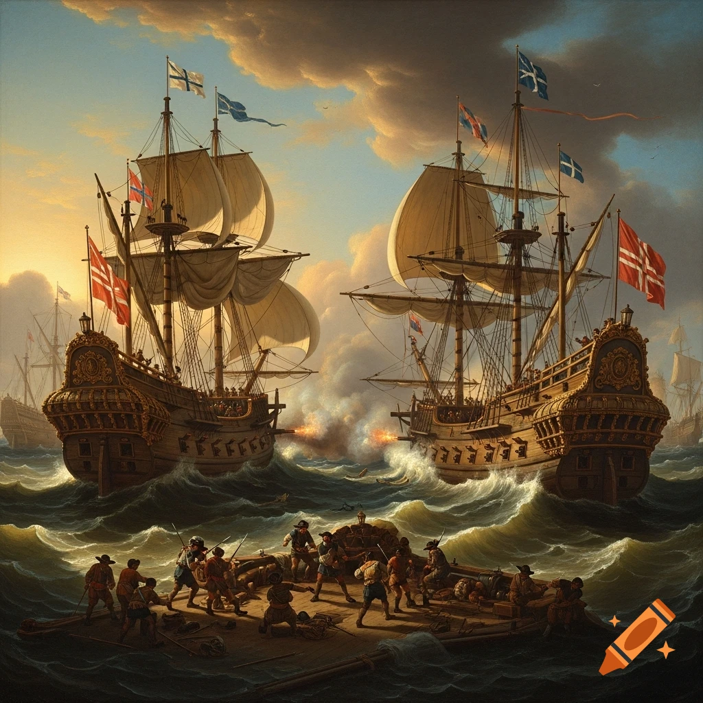 Classical painting depicting a 17th-century naval battle with two galleons firing cannons and soldiers fighting on a raft.