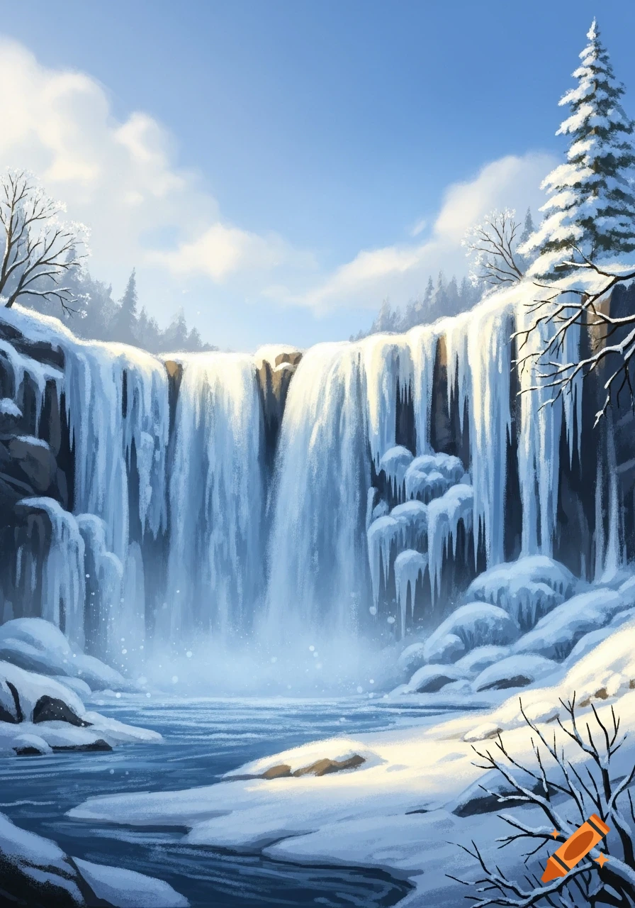 A beautiful winter landscape featuring a frozen waterfall with icicles, snowy rocks, and pine trees under a clear blue sky.