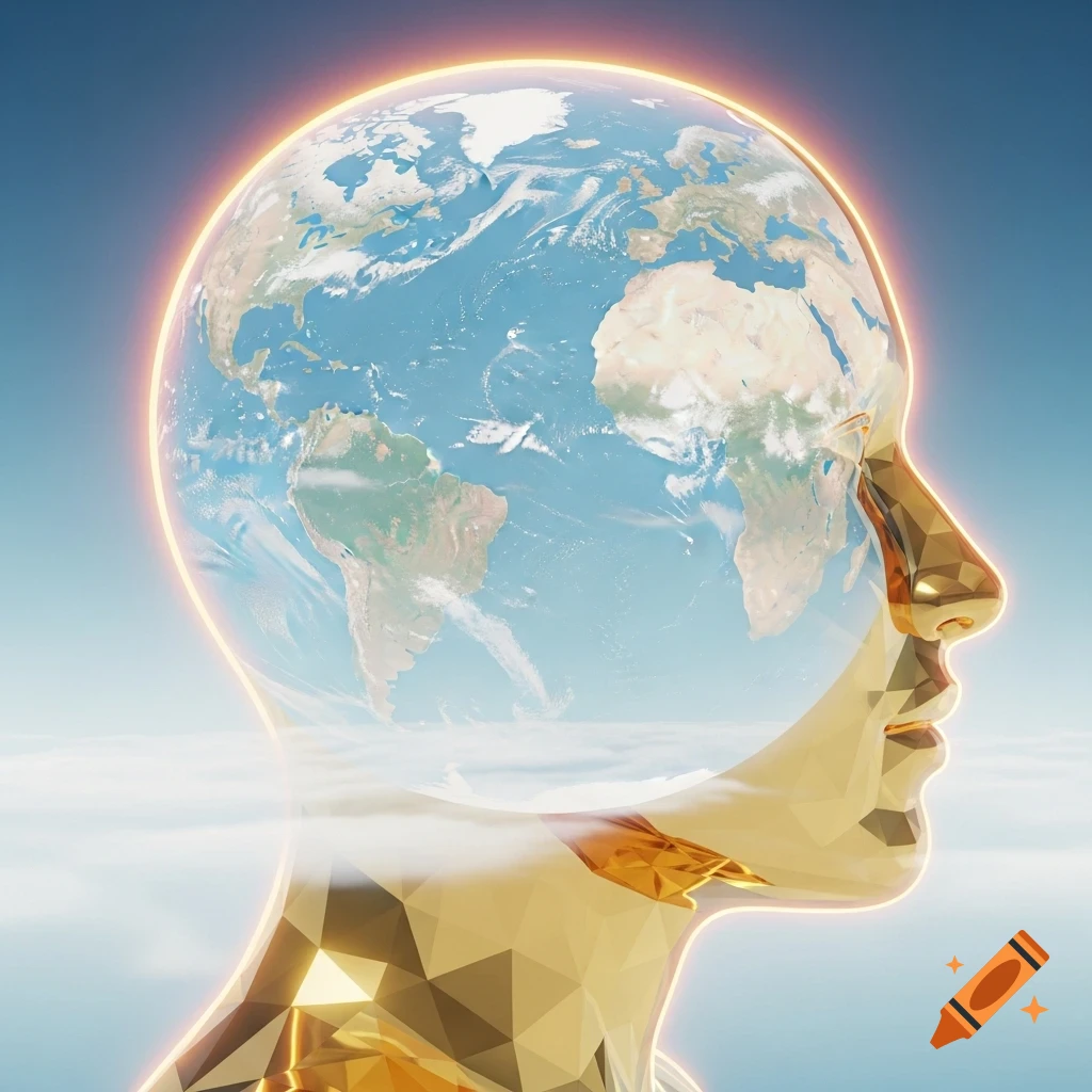 A golden polygonal human head in profile contains a glowing Earth with continents and clouds, set against a blue sky.