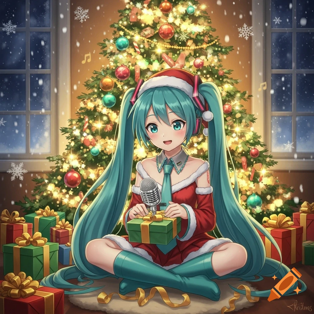 Anime-style Hatsune Miku in a Santa outfit opening a green Christmas present in front of a decorated Christmas tree with a snowy window background.