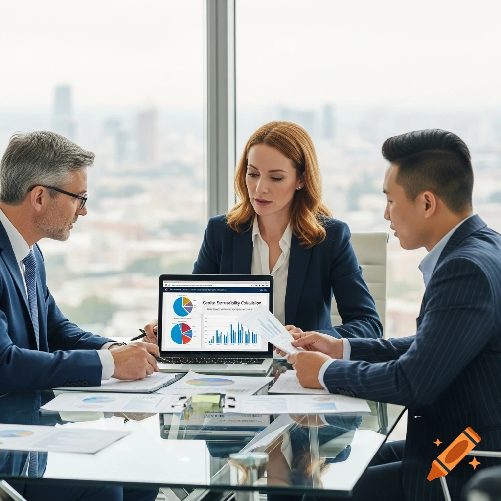 Three business professionals in suits meet at a glass table with a laptop displaying charts in a modern office.