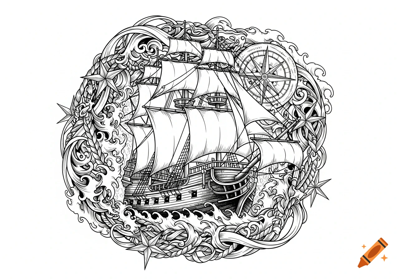 Detailed black and white illustration of a pirate ship amidst swirling waves and ropes, with a compass and stars.