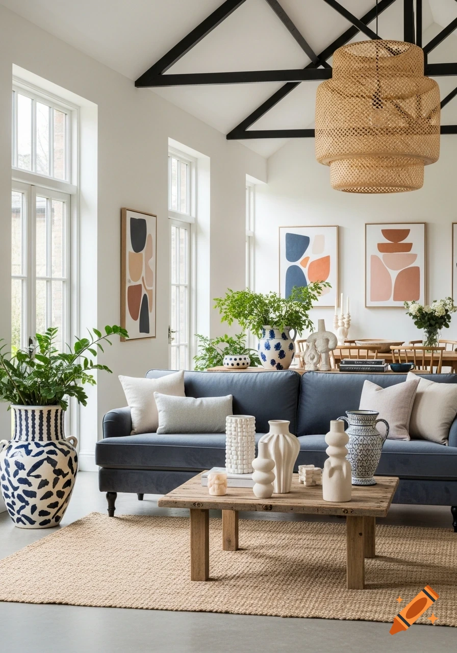 A stylish living room with a blue velvet sofa, wooden coffee table, large windows, woven light fixture, and potted plants.