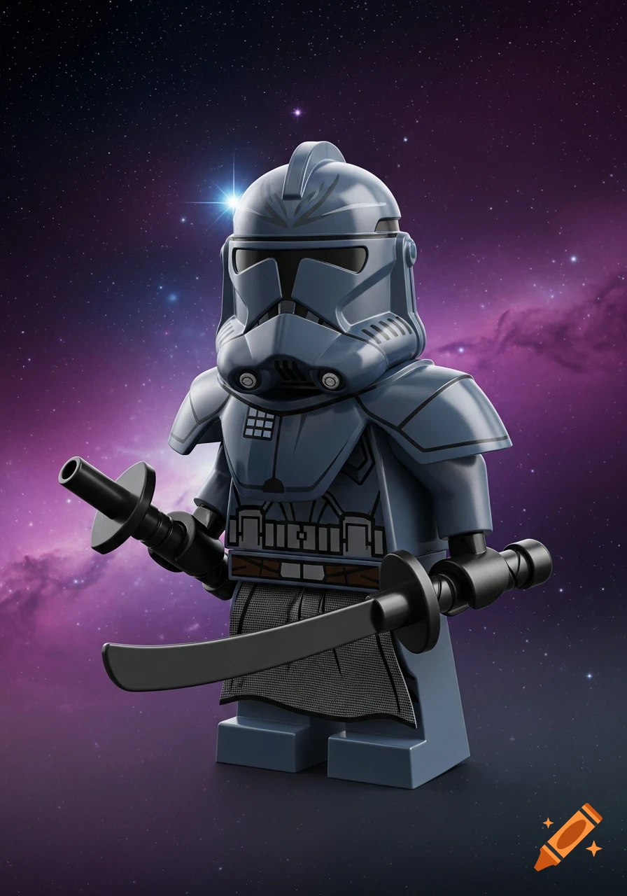 A dark bluish-gray Lego clone trooper minifigure with pauldrons and a black kama holds two katanas against a purple galaxy background.