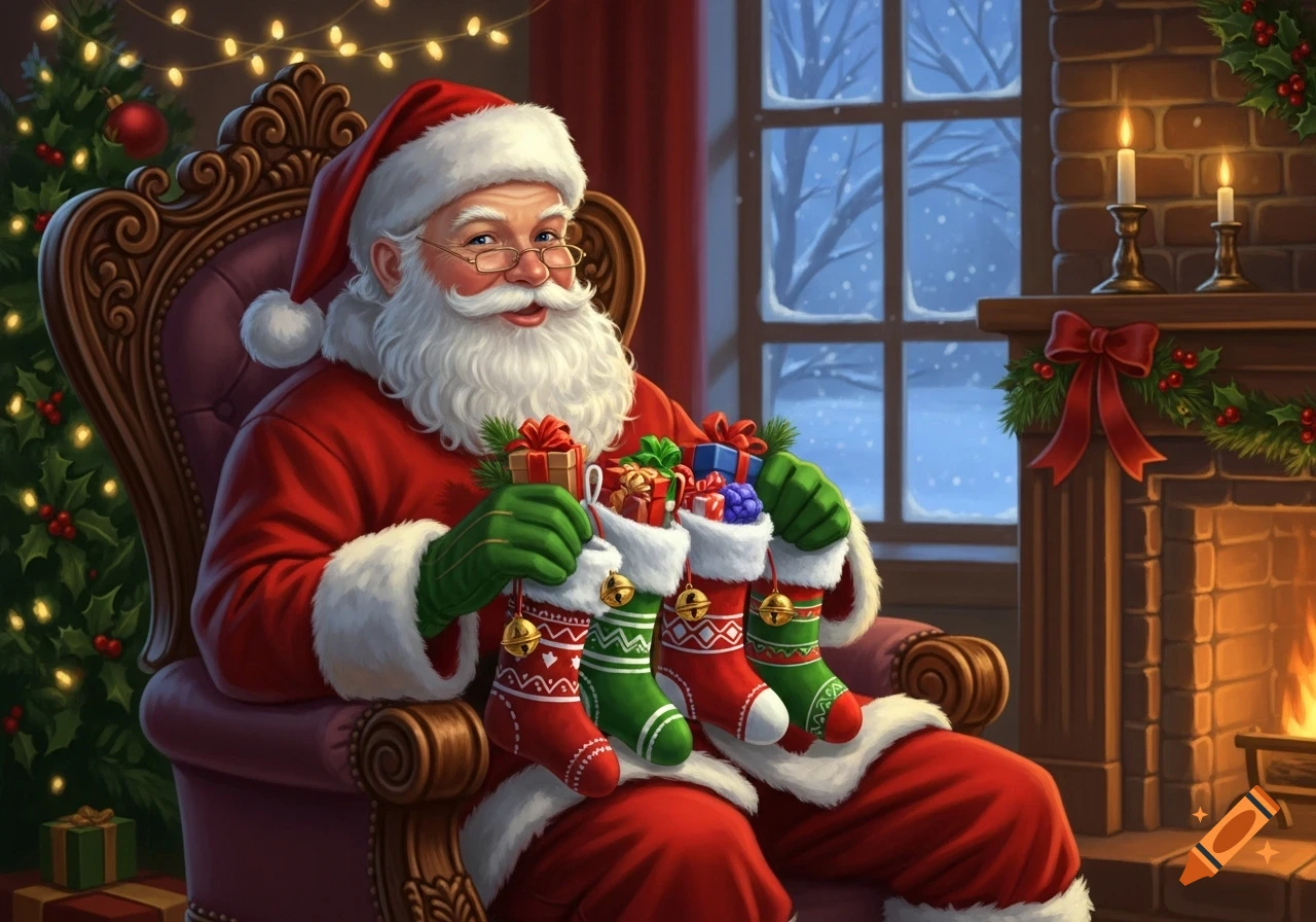 Santa Claus sits in an ornate chair, holding several Christmas stockings brimming with gifts in a festive room with a tree and fireplace.