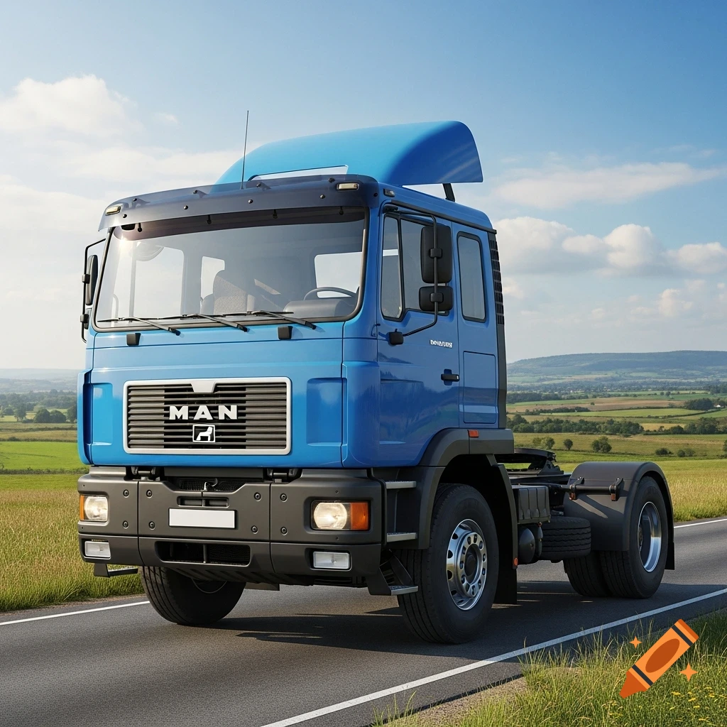 A photorealistic blue MAN truck is parked on an asphalt road, surrounded by green fields under a blue sky with white clouds.