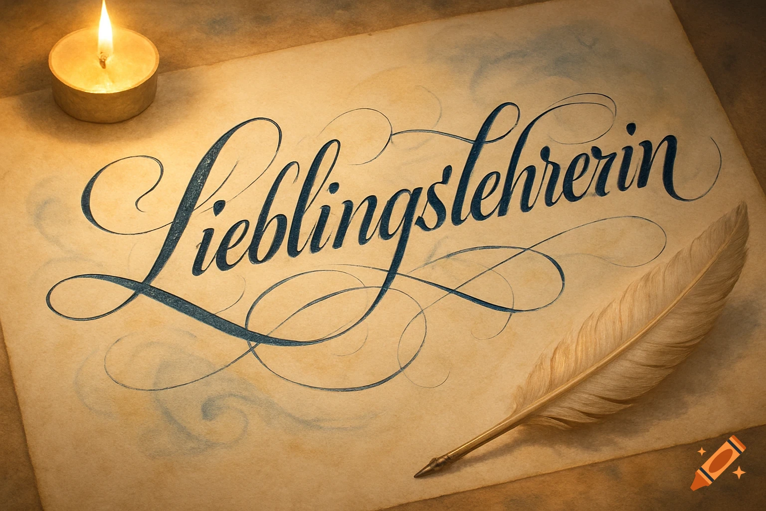 Calligraphic German text 'Lieblingslehrerin' on aged paper, with a lit candle and a feather quill.