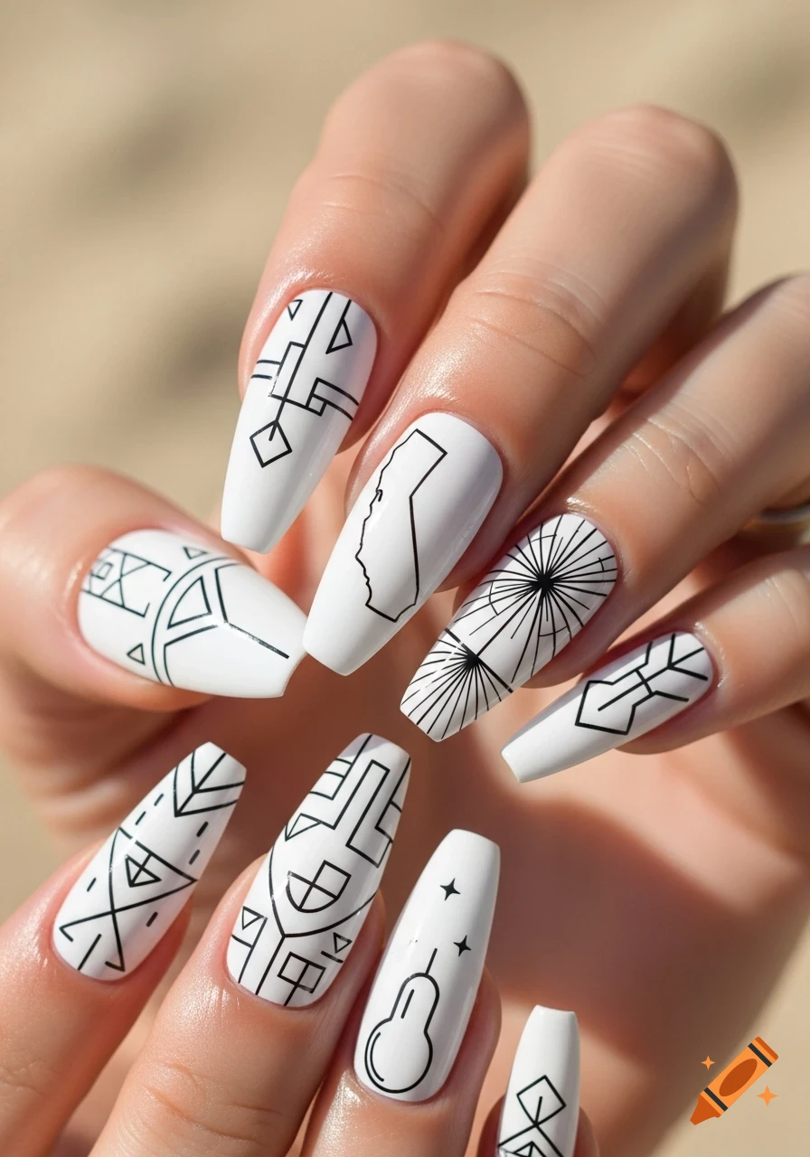Close-up of a hand with long, white coffin-shaped nails featuring various black line art designs, including the outline of California on one nail, geometric patterns, and a lightbulb symbol.