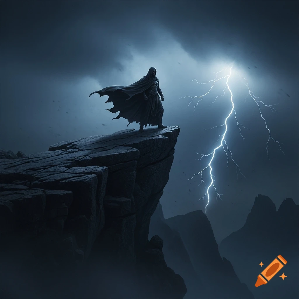 A lone cloaked figure stands on a cliff under a dark stormy sky as a lightning bolt strikes, in a moody cinematic style.