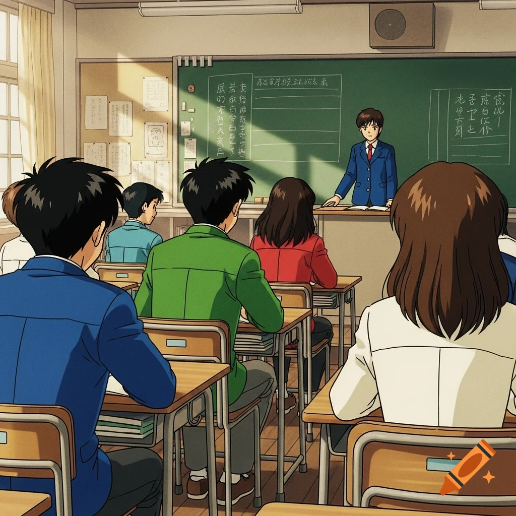 Anime illustration of students in a classroom with their backs to the viewer, facing a teacher at the blackboard.