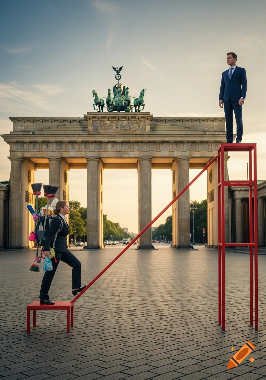 Photorealistic image of a woman with brooms climbing a red ramp towards a man on a platform, in front of Brandenburg Gate.