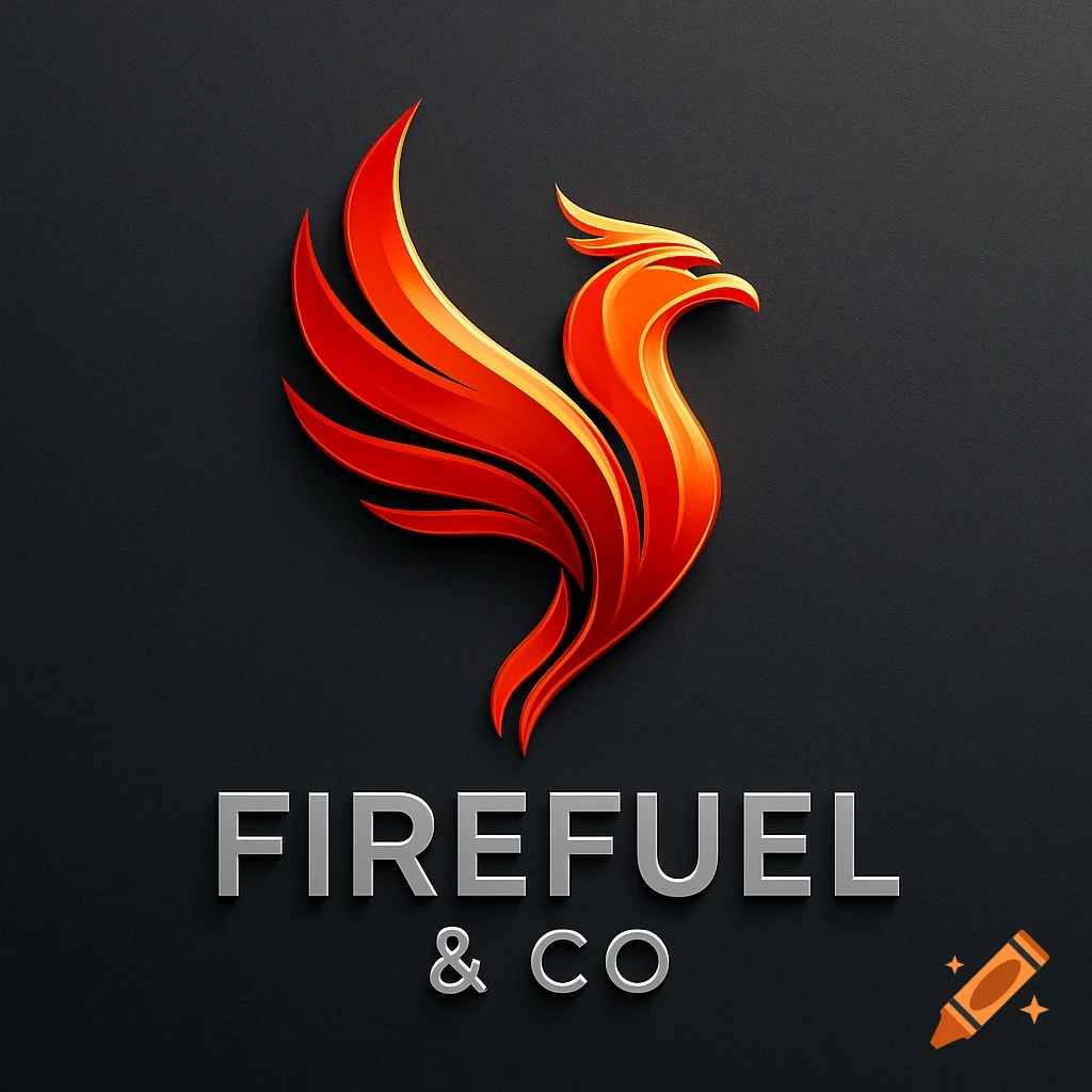 A vibrant 3D metallic orange and red phoenix logo soaring above the company name FIREFUEL & CO on a dark gray background.