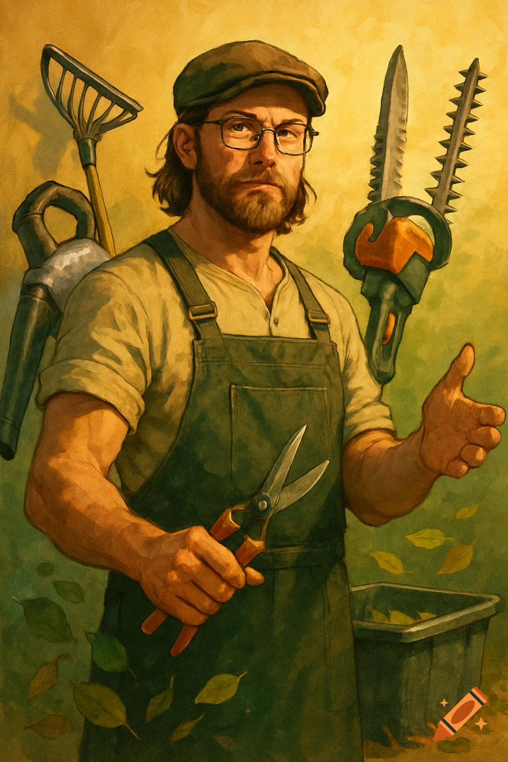 A bearded gardener in an apron and cap holds shears, surrounded by gardening tools and falling leaves, in a painterly style.
