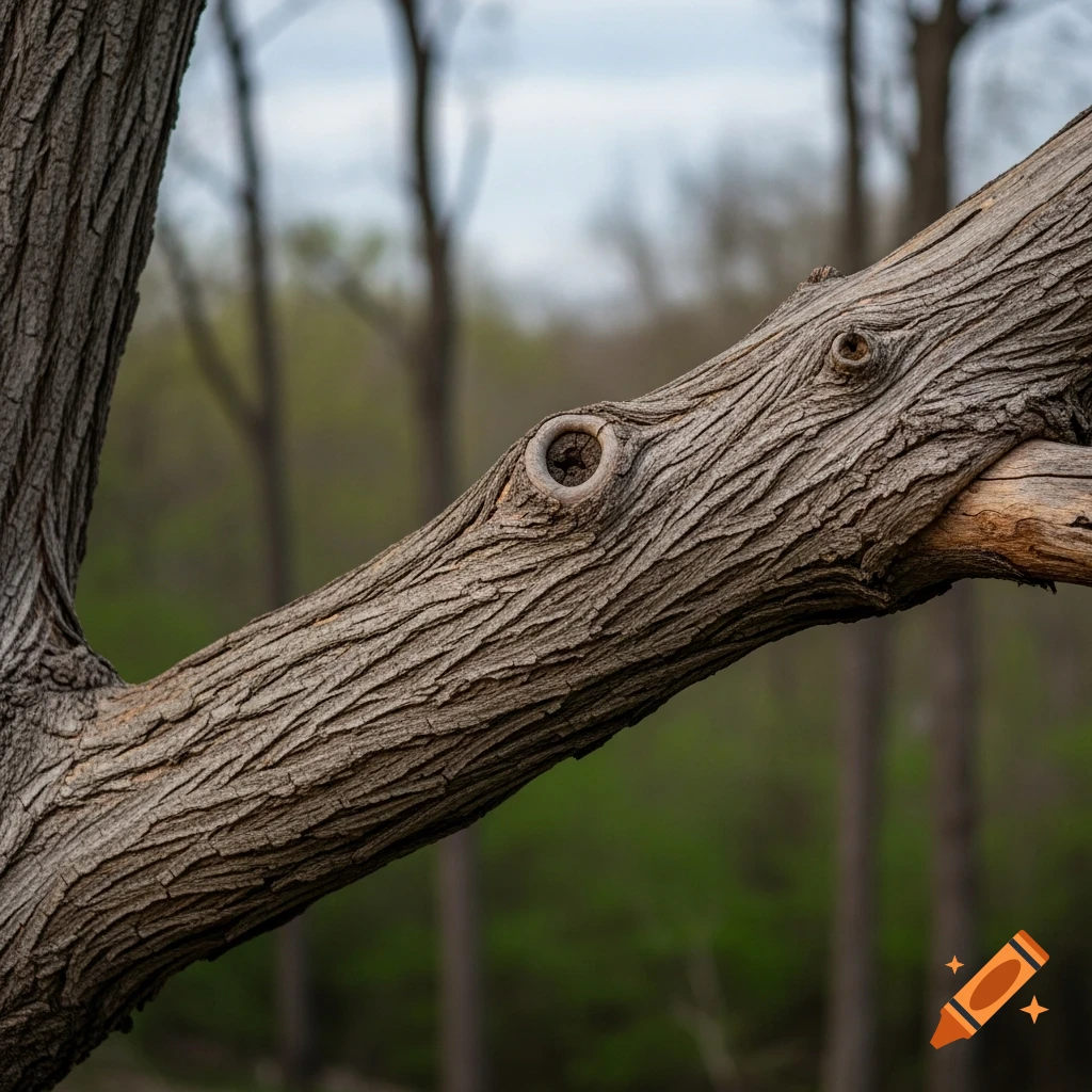 Close-up of a thick, textured tree branch with two distinct knotholes, set against a softly blurred green and grey forest background.