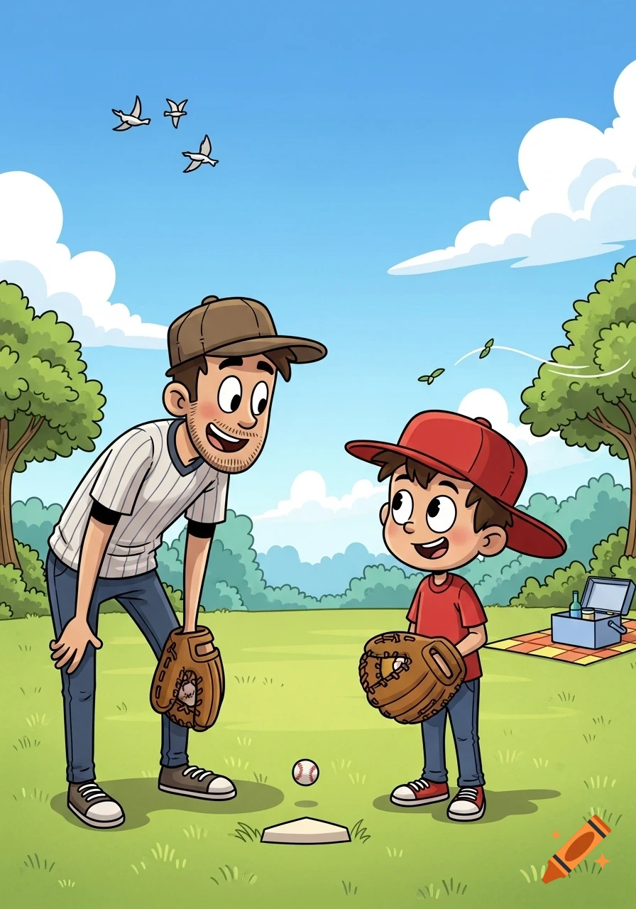 Cartoon father and son playing baseball in a sunny park with gloves and a ball.