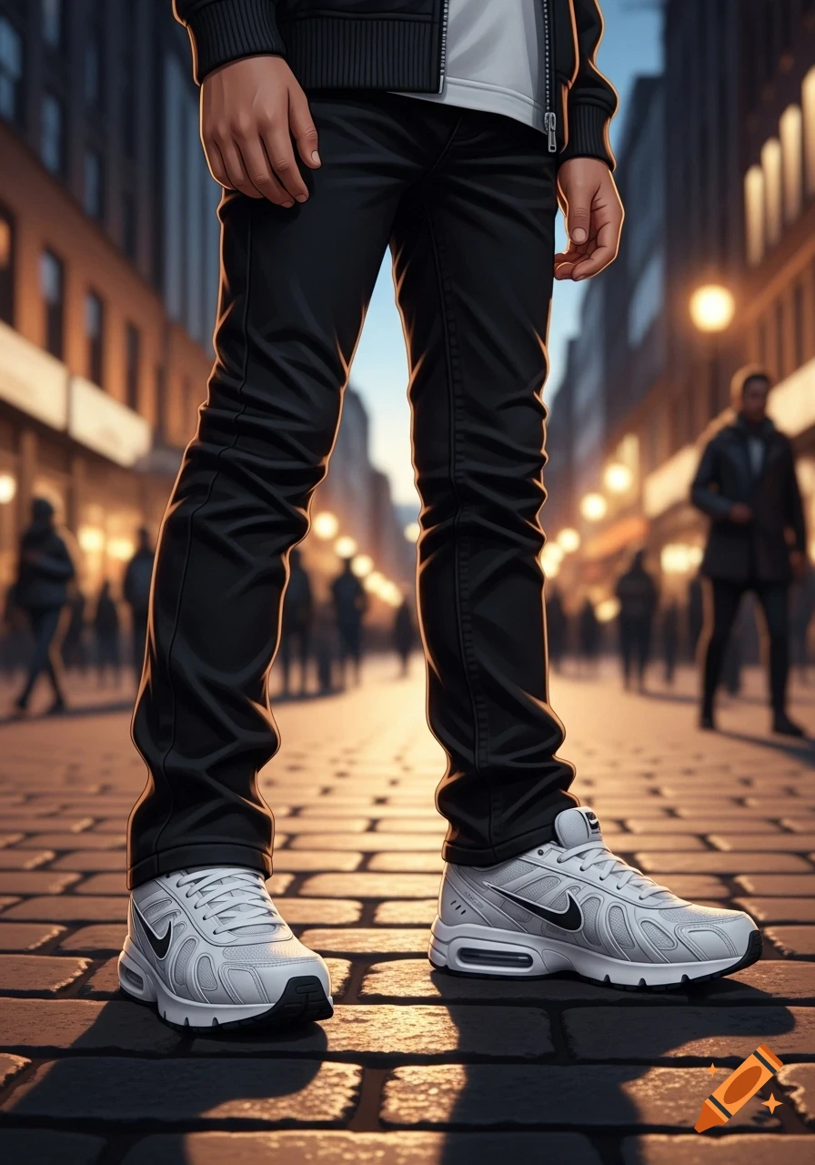 Low-angle shot of a person in black jeans and white Nike Initiator sneakers standing on a cobblestone street with blurred city background.