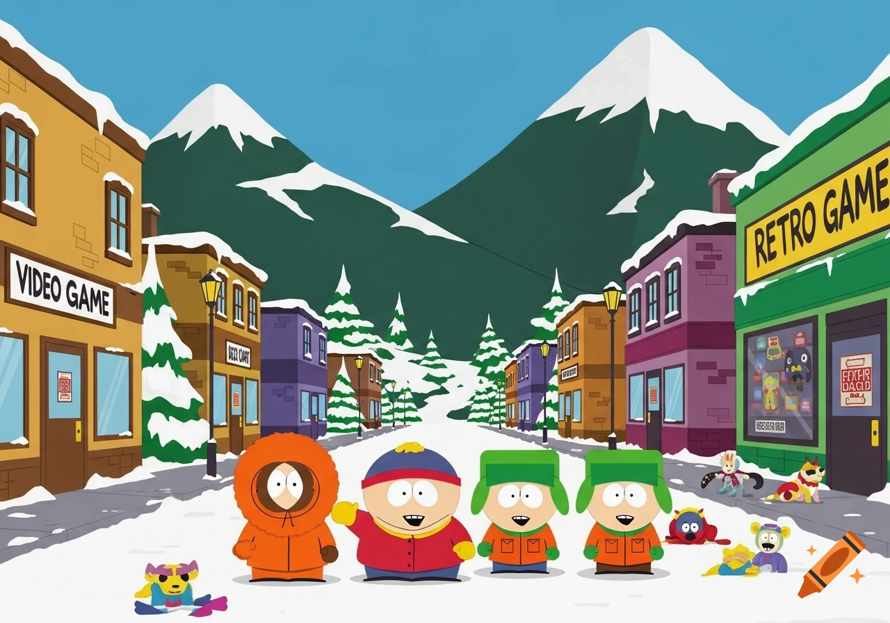 South Park characters Kenny, Cartman, Kyle, and Stan stand in a snowy town street with mountains in the background, in cartoon style.