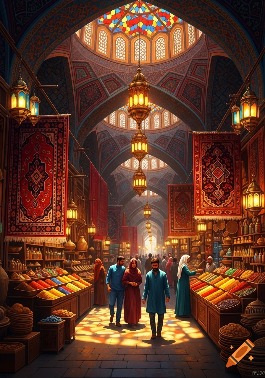 A vibrant, ornate marketplace filled with people, colorful spices, hanging rugs, and lanterns, under a stained-glass dome.