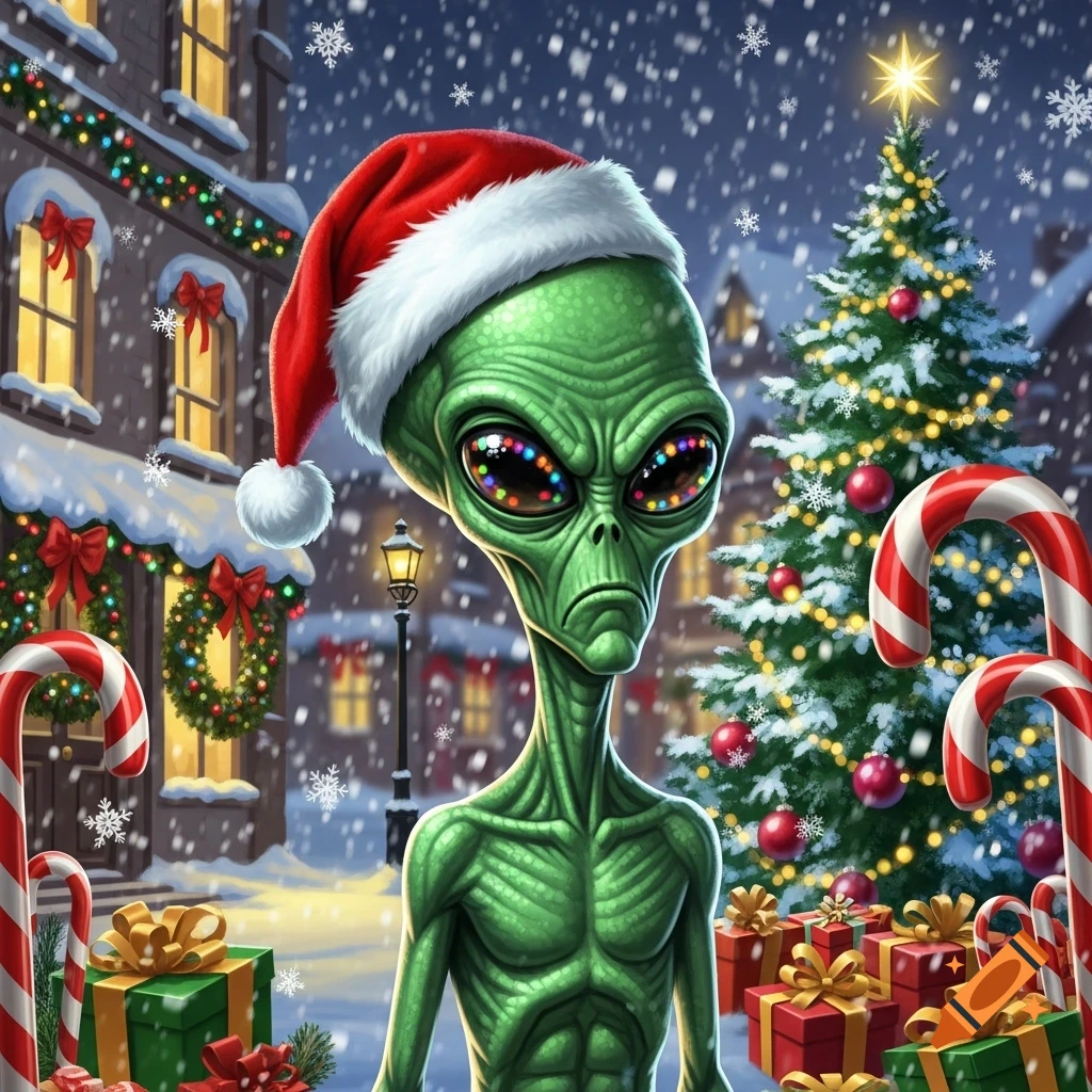 A green alien in a Santa hat stands in a snowy Christmas village scene with a decorated tree, gifts, and candy canes in an illustrated style.