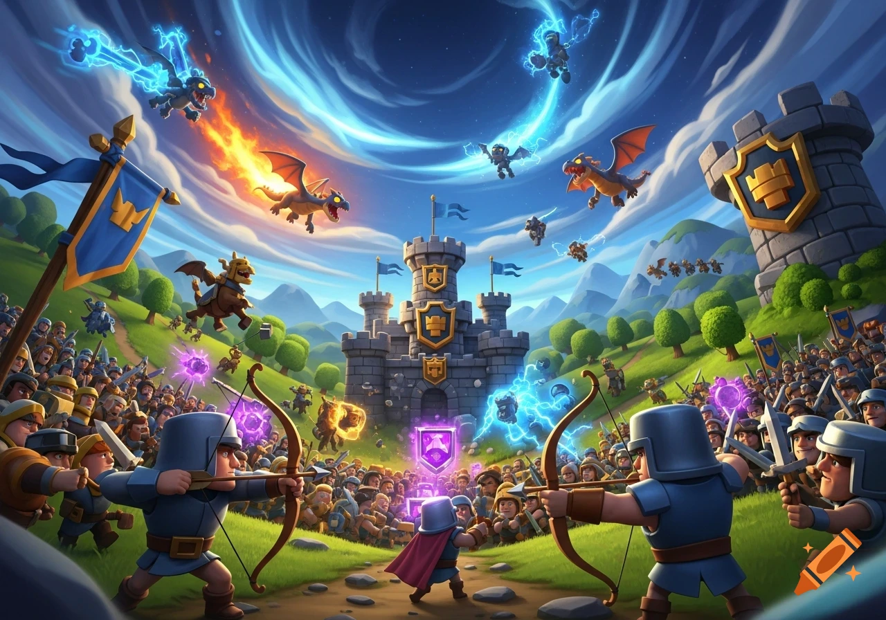 Cartoonish fantasy battle with archers, dragons, and warriors clashing before a castle under a dramatic, cloudy sky.