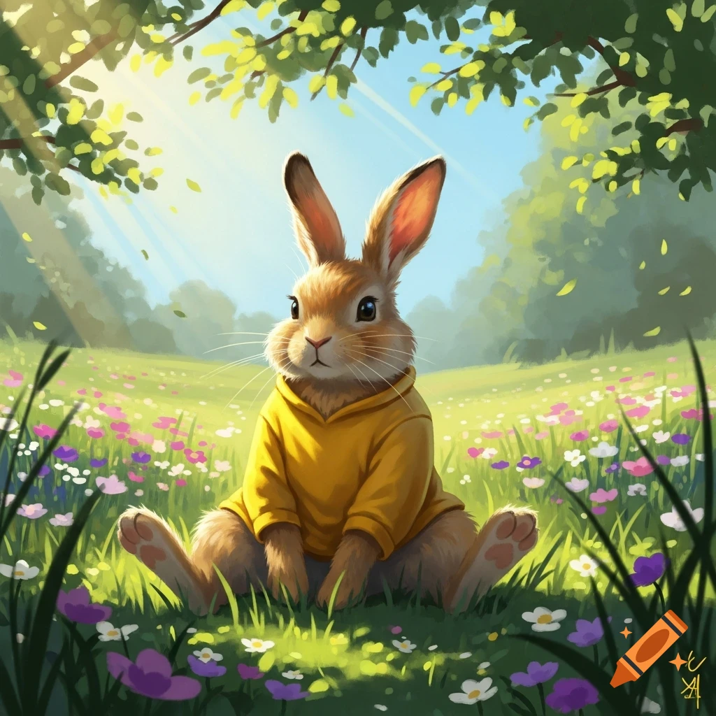 A cute brown rabbit in a yellow hoodie sits in a sunny meadow filled with purple and white wildflowers. Digital illustration.