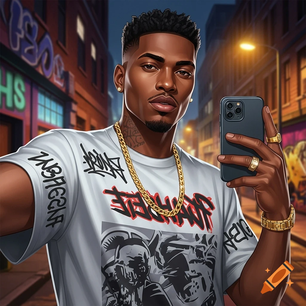 Stylized portrait of a man with gold jewelry taking a selfie on a city street at night.