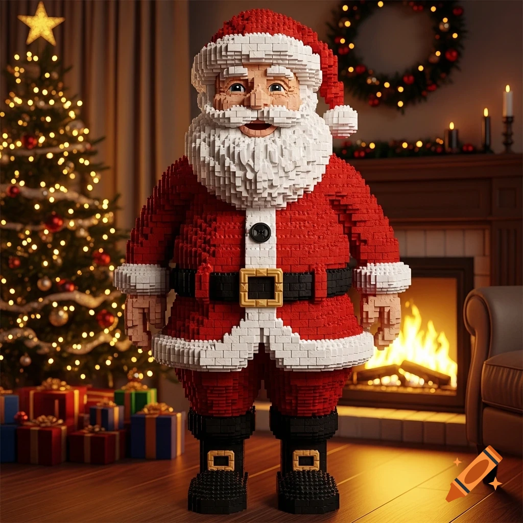 A large Santa Claus figure made of red and white building bricks stands in a festive room with a decorated Christmas tree and a lit fireplace.