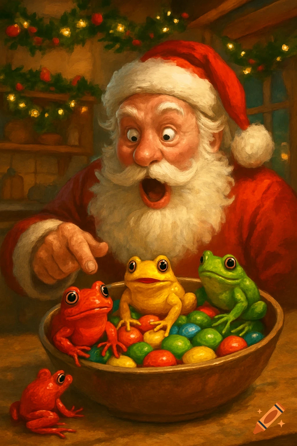 Painterly illustration of a surprised Santa Claus pointing at colorful frogs resembling M&Ms in a bowl, in a festive room.
