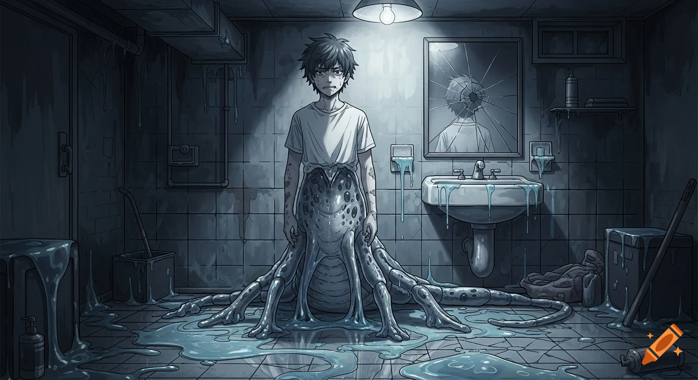 Anime boy with a slug-like lower body stands in a gloomy, slime-covered bathroom, looking distressed.