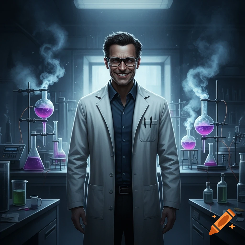 A smiling male scientist in a white lab coat and glasses stands in a dimly lit laboratory with smoking beakers.