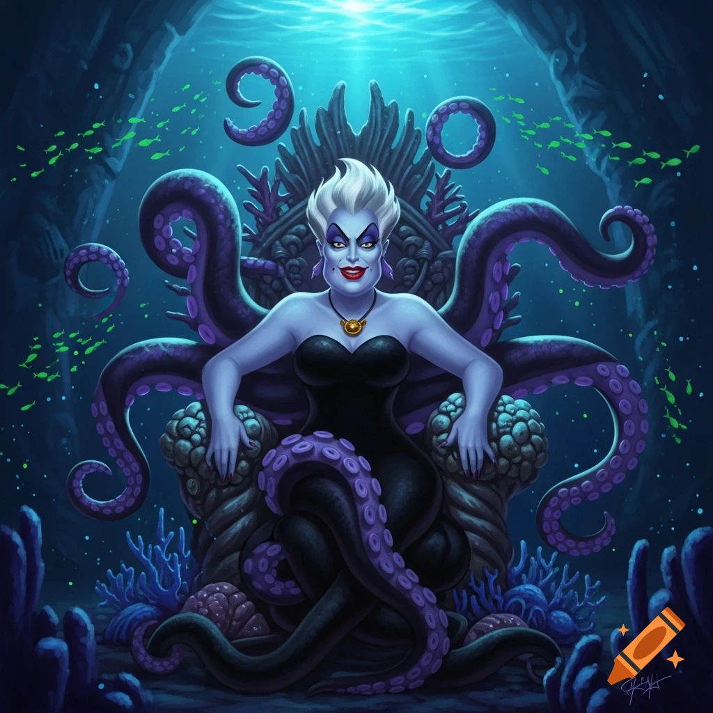 Ursula, the sea witch, sits on a throne of coral and rock underwater, surrounded by glowing fish, in a stylized illustration.