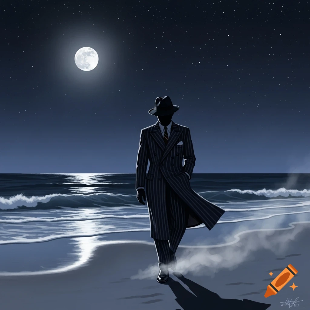 An illustration of a silhouetted man in a pinstriped suit and fedora walking on a moonlit beach at night, with waves crashing.