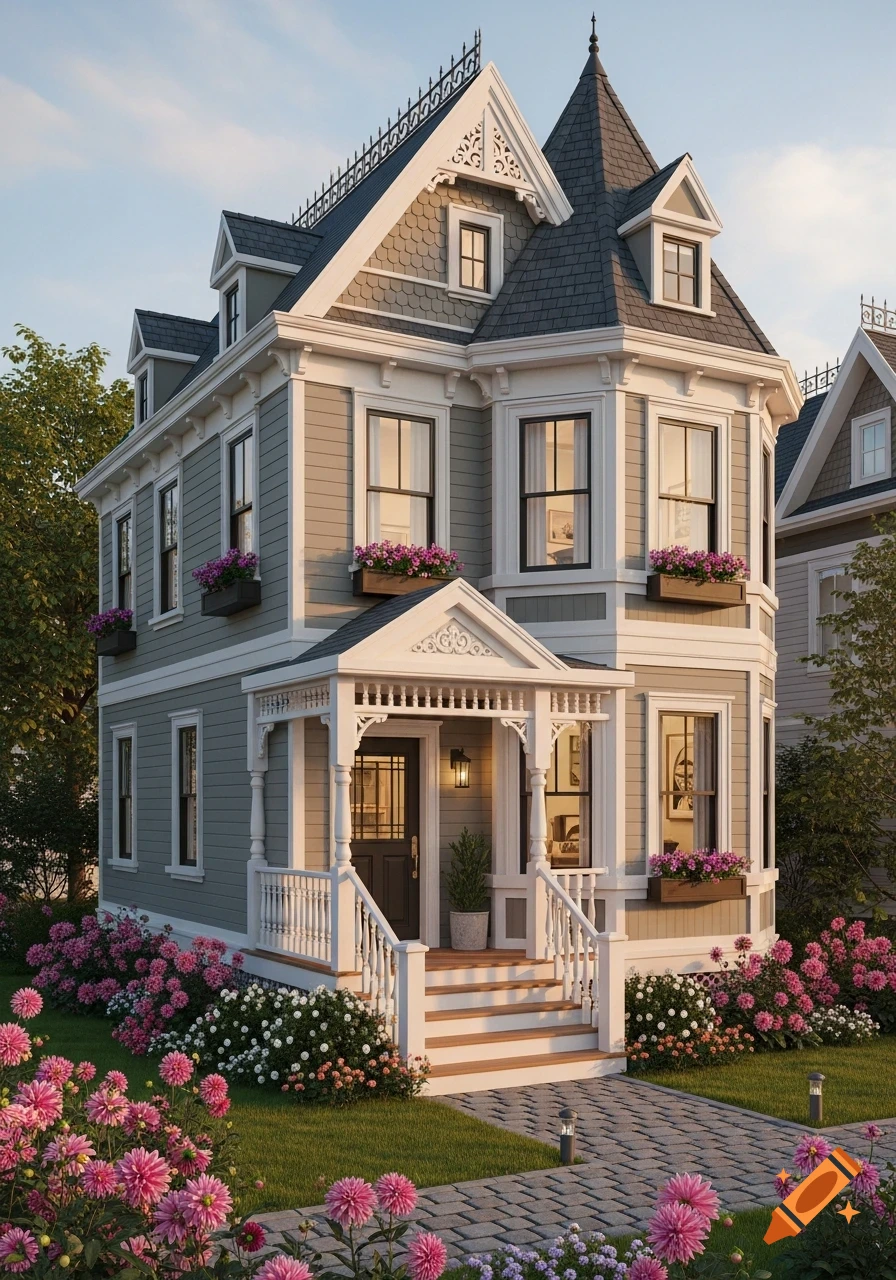 A photorealistic two-story Queen Anne Victorian house with light gray siding, white trim, a turret, a front porch, and vibrant pink flowers in the garden.