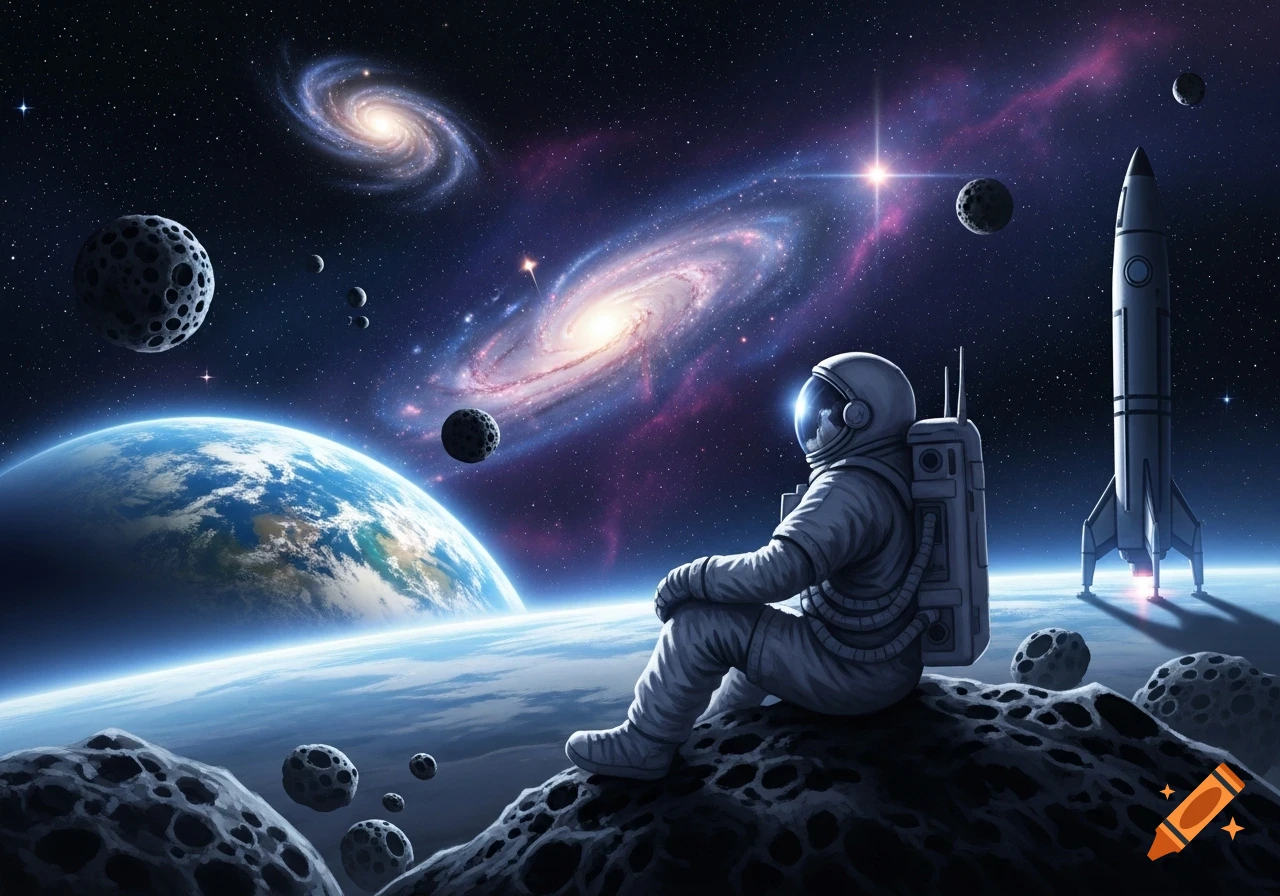 An astronaut sits on a dark asteroid, gazing at a vibrant galaxy and Earth in the vast expanse of space, with a rocket nearby. Digital art.