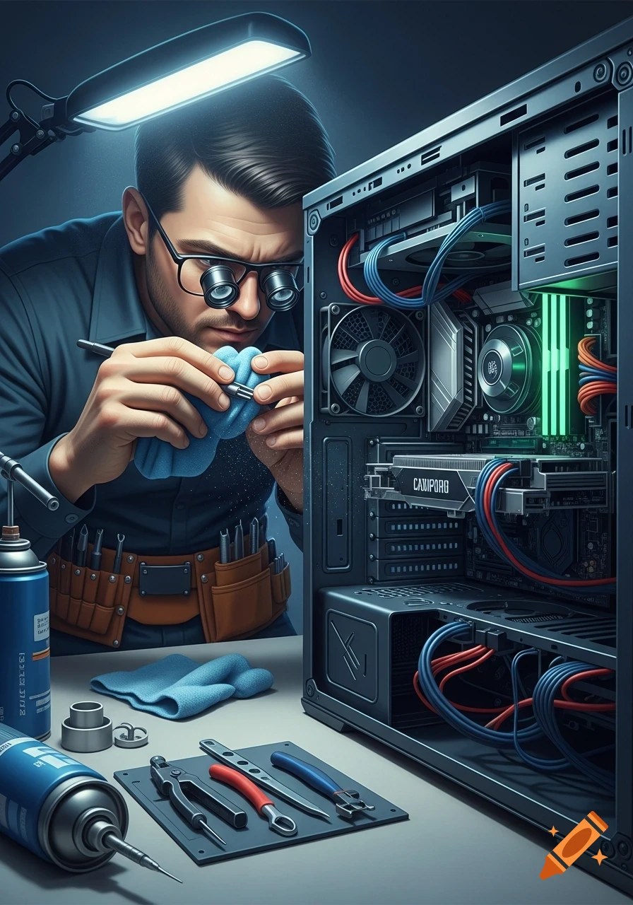 A technician in magnifying glasses cleans a desktop computer's interior with tools on a table, under a bright lamp.