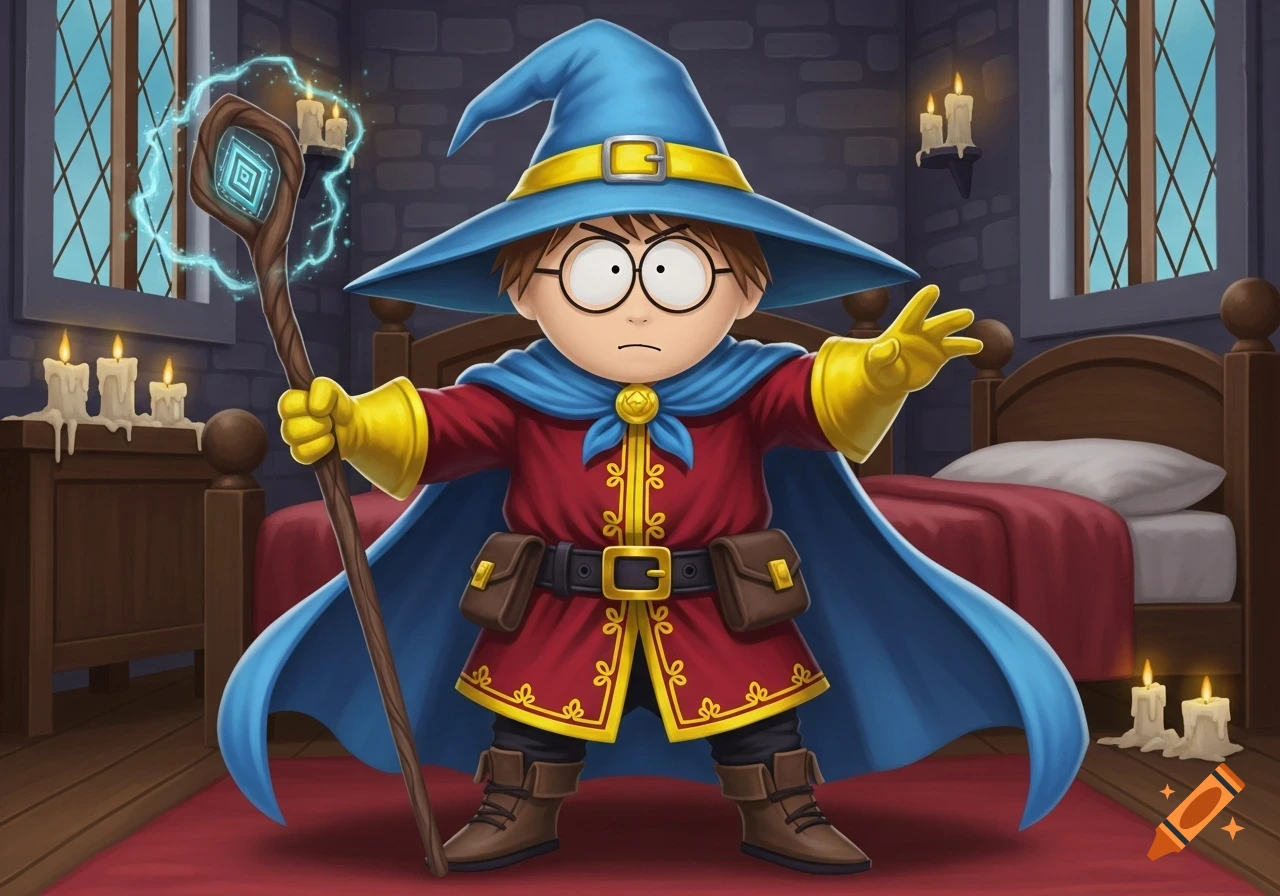 Eric Cartman from South Park as a teenage wizard, wearing a blue hat and cape, red robe, holding an glowing staff in his bedroom.