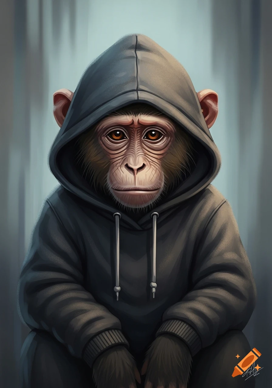 A melancholic chimpanzee wearing a grey hoodie looks directly ahead in a digital art portrait.