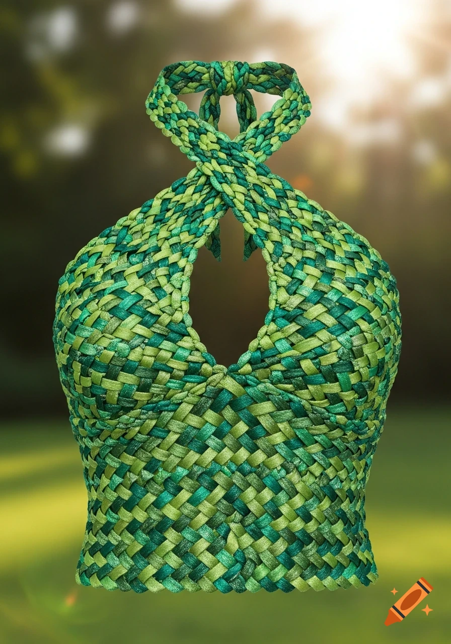 A photorealistic halter neck top woven from varying shades of green ribbons, featuring a braided neck strap, against a blurred natural background.